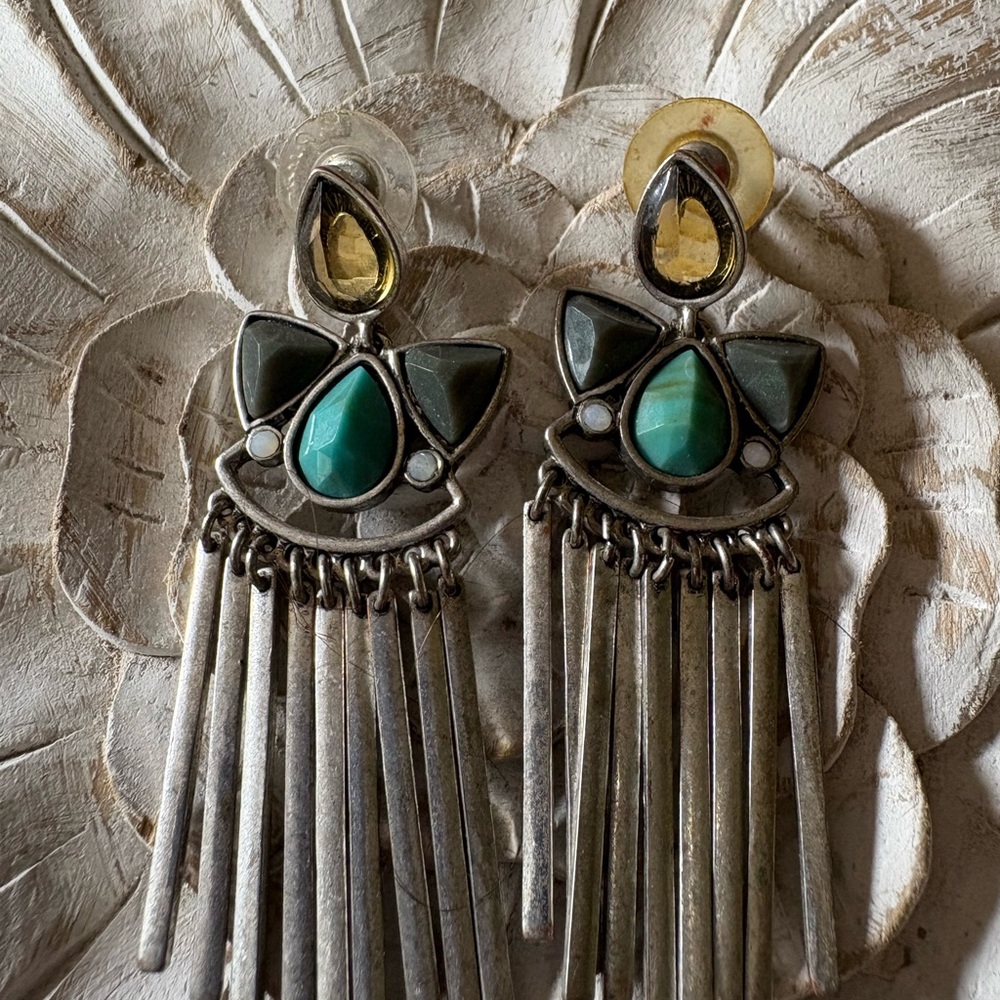 Silver And Green Statement Earrings - image 1